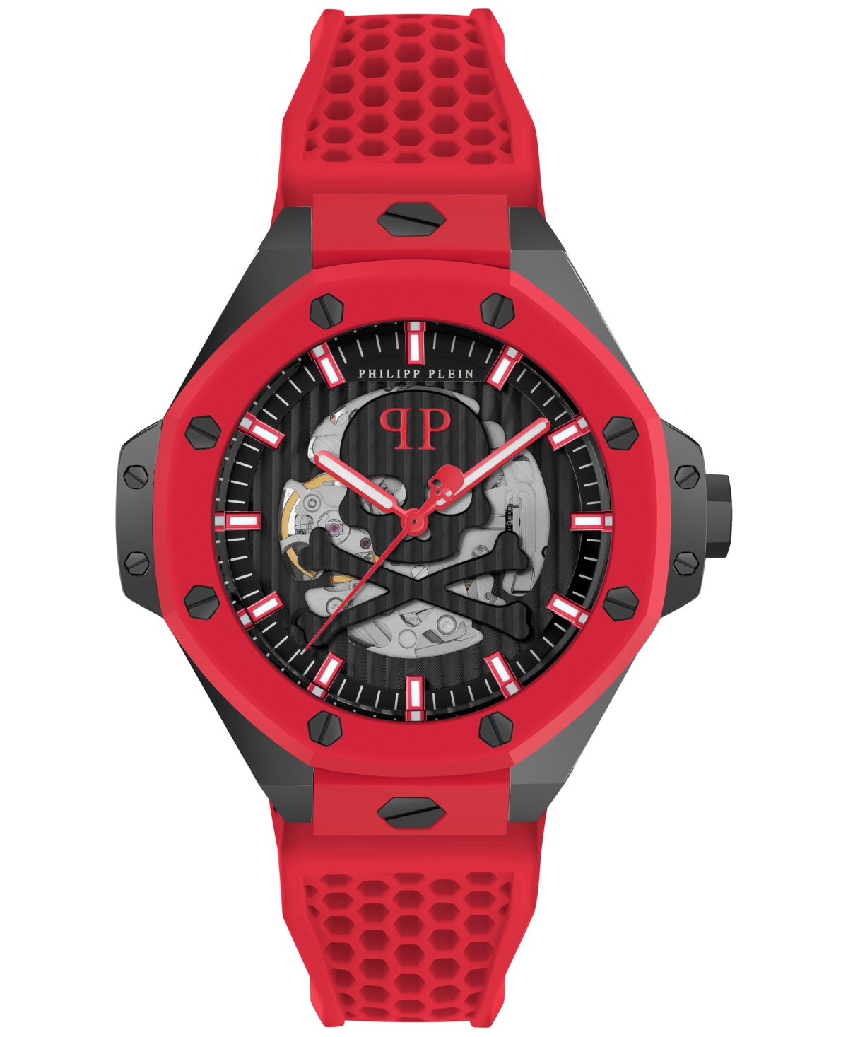 Philipp Plein Men's Automatic Skeleton Royal Red Silicone Strap Watch 46mm In Black