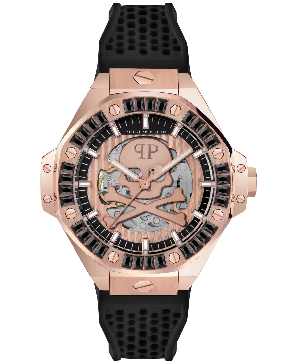 Philipp Plein Men's Automatic Skeleton Royal Black Silicone Strap Watch 46mm In Rosegold