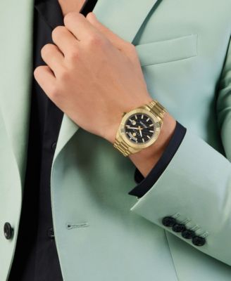 Men's Date Superlative Gold Ion Plated Stainless Steel Bracelet Watch 42mm