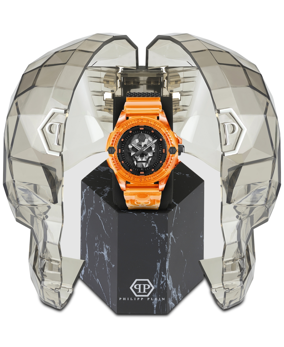 Shop Philipp Plein Unisex The Skull Scuba Duba Orange Silicone Strap Watch 44mm