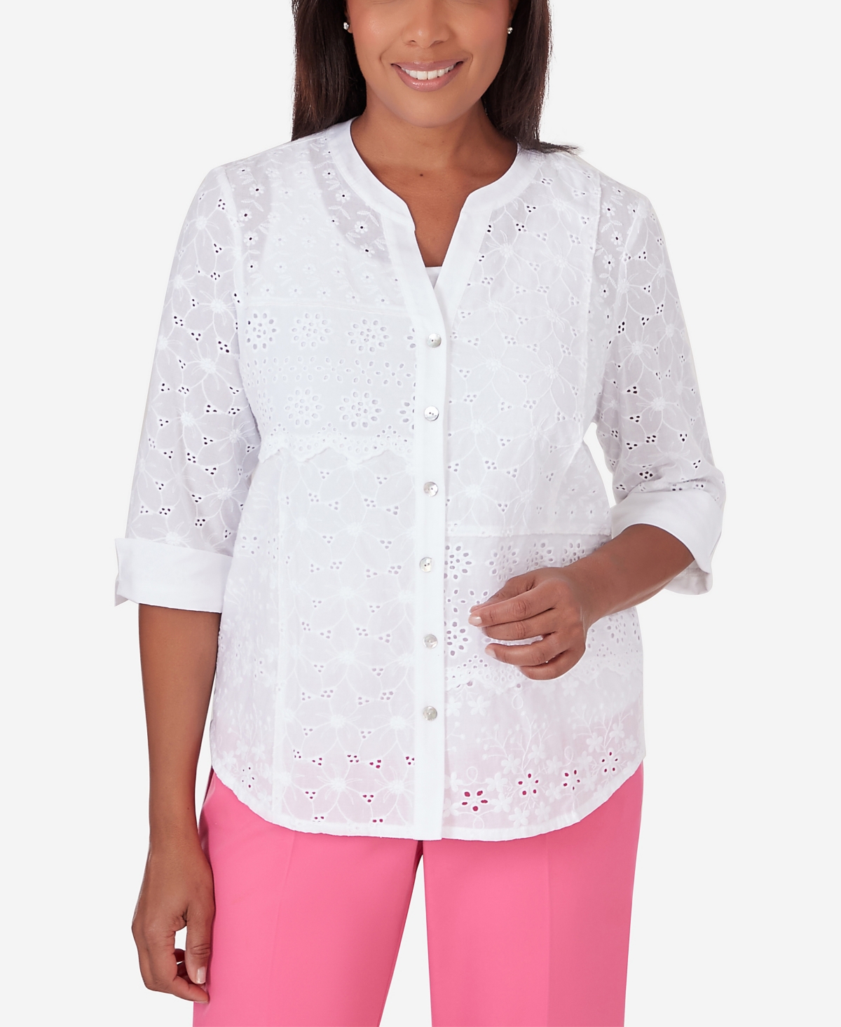 Shop Alfred Dunner Petite Paradise Island Button Front Eyelet Top In White