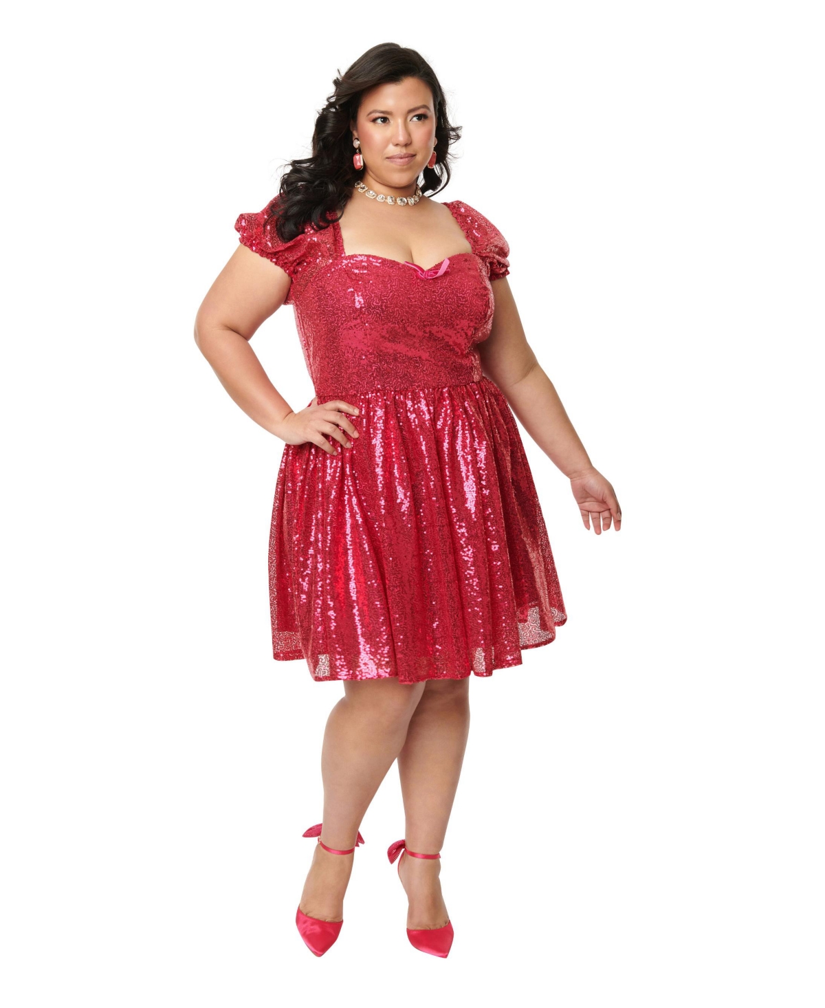 Plus Size Woven Convertible Puff Sleeve Sweetheart Fit & Flare Dress - Hot pink/sequin heart