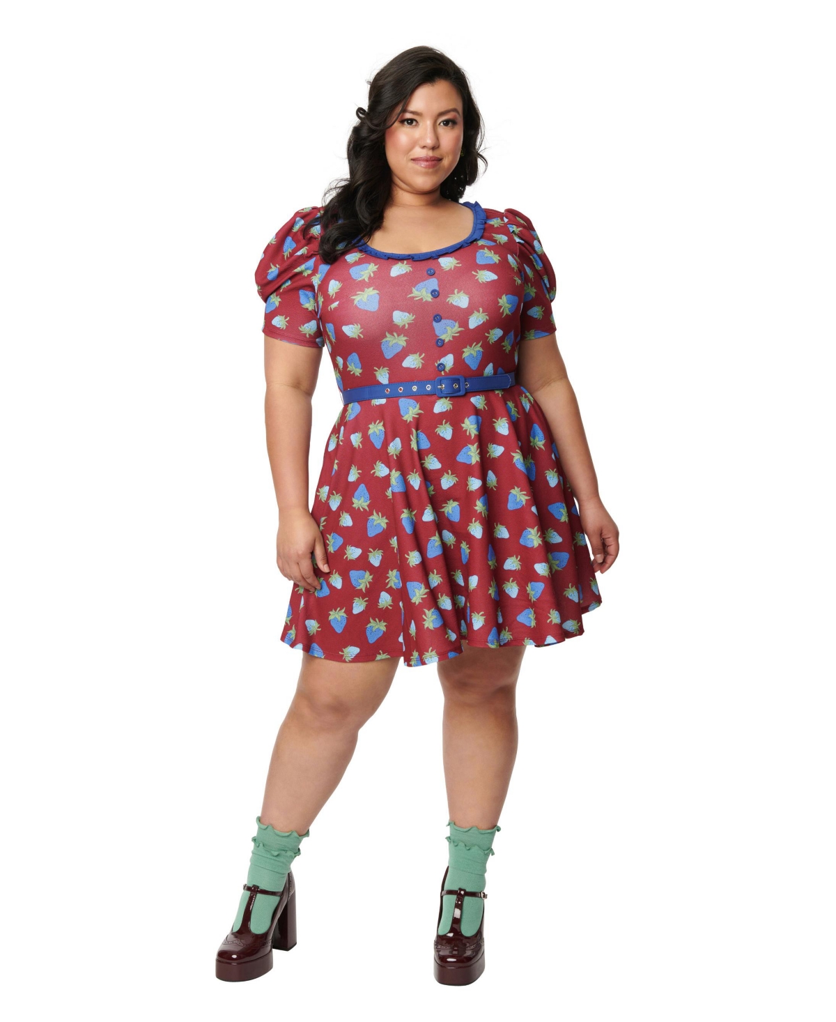 Plus Size Printed Knit Puff Short Sleeve Group Chat Fit & Flare Dress - Burgundy/blue strawberry