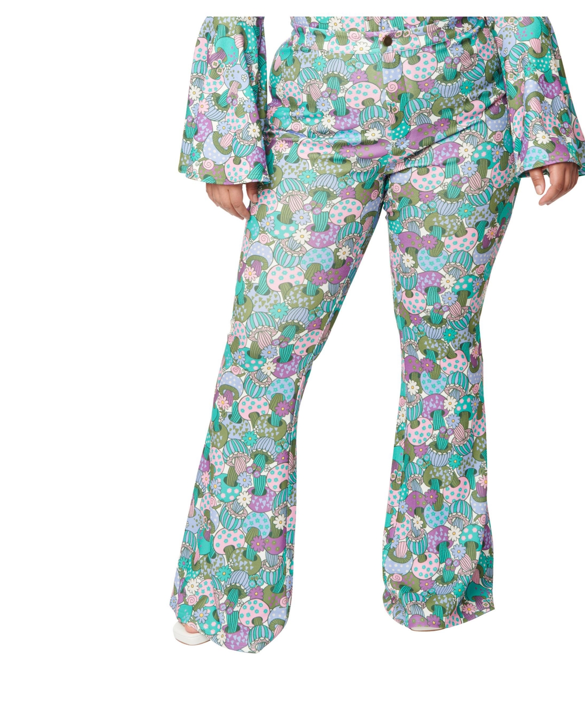 Plus Size Zipper Fly High Rise Find Your Flare Knit Pants - Teal/groovy mushrooms