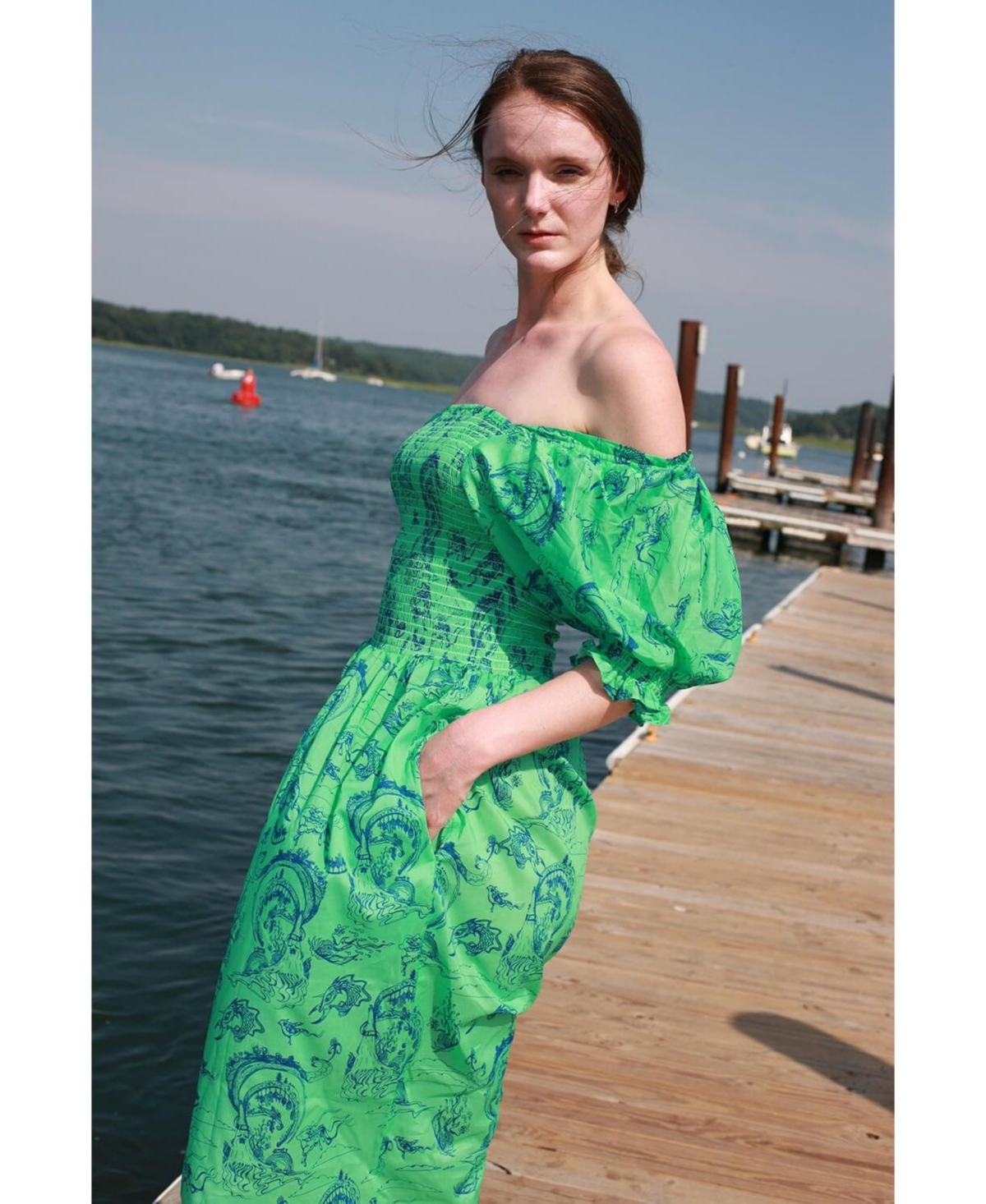 Jessie Zhao New York Fairytale Smocked Midi Dress - Green and blue