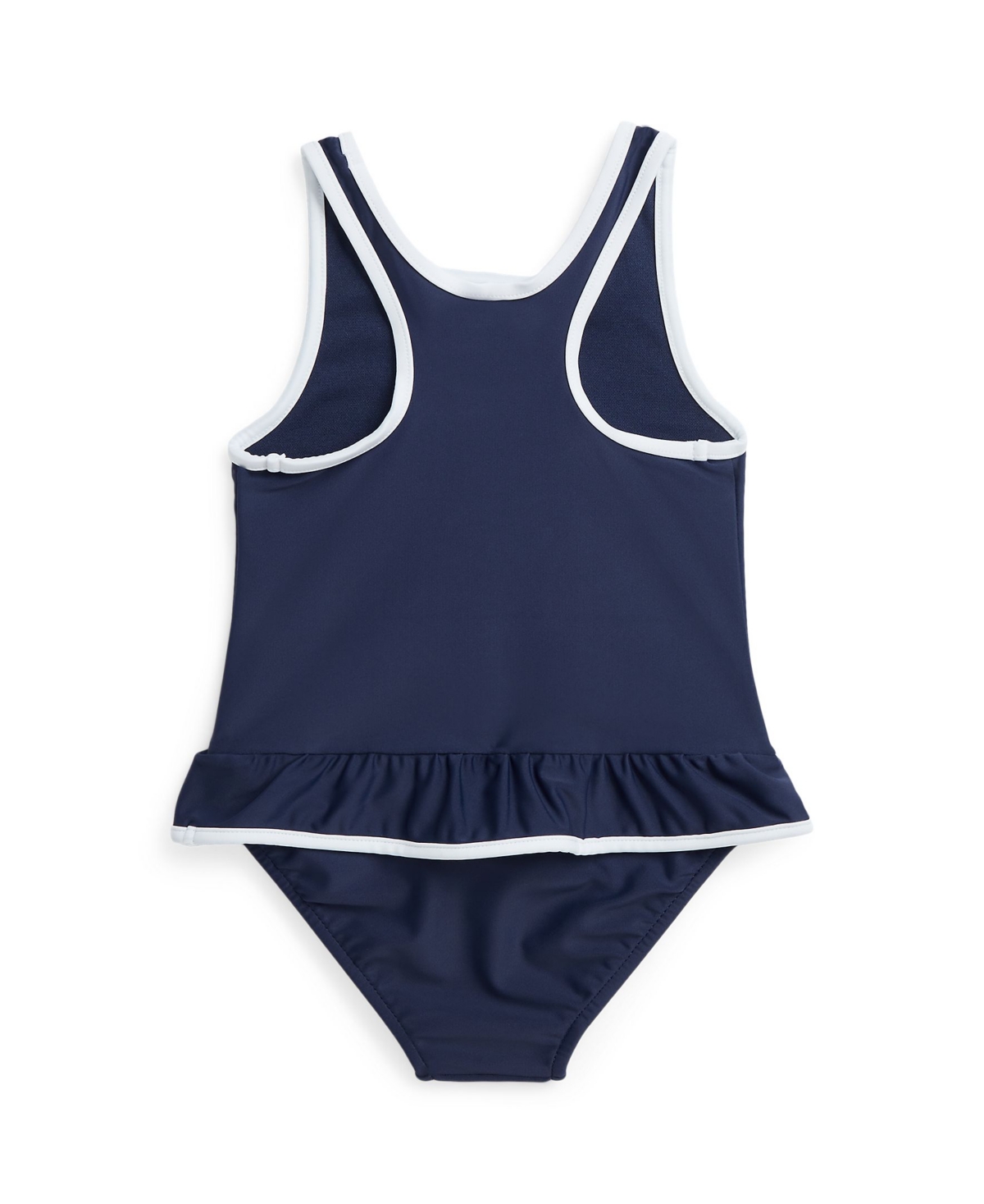 Polo Ralph Lauren Baby Girls Polo Bear Ruffled One Piece Round Neck Swimsuit - Newport Navy with White