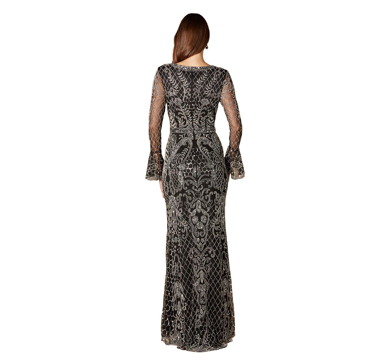 Women's Long Bell Sleeve V-Neck Beaded Gown