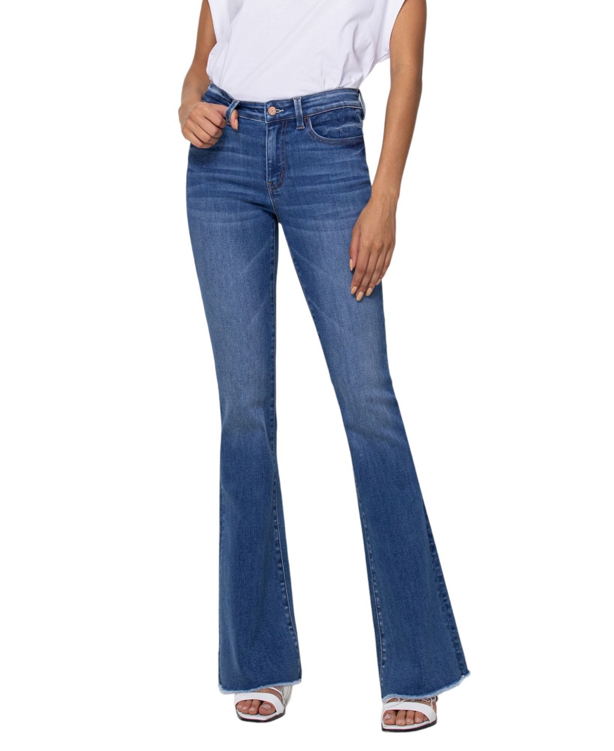 Women's Mid Rise Raw Hem Mini Flare Jeans - Sunfaded blue