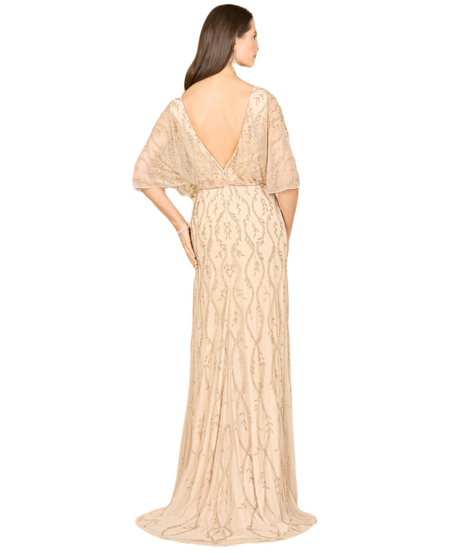 Women's Illusion Cape Sleeve Beaded Gown
