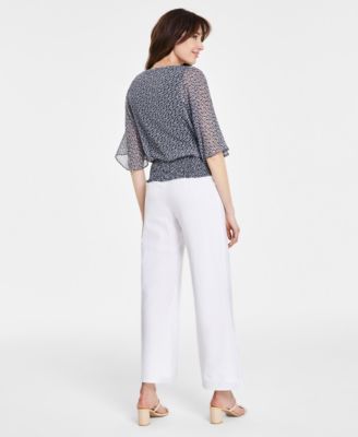 Sam & Jess Sam Jess Womens Smocked Waist Top Wide Leg Linen Pants In White