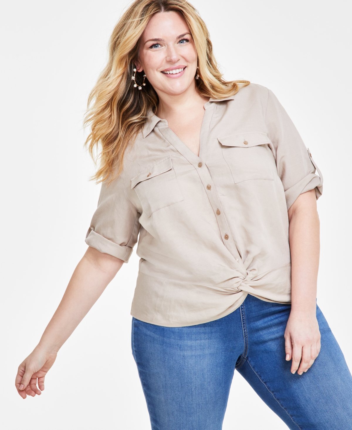 Inc International Concepts Plus Size Linen Twist-hem Shirt, Created For Macy's In Toasted Twine