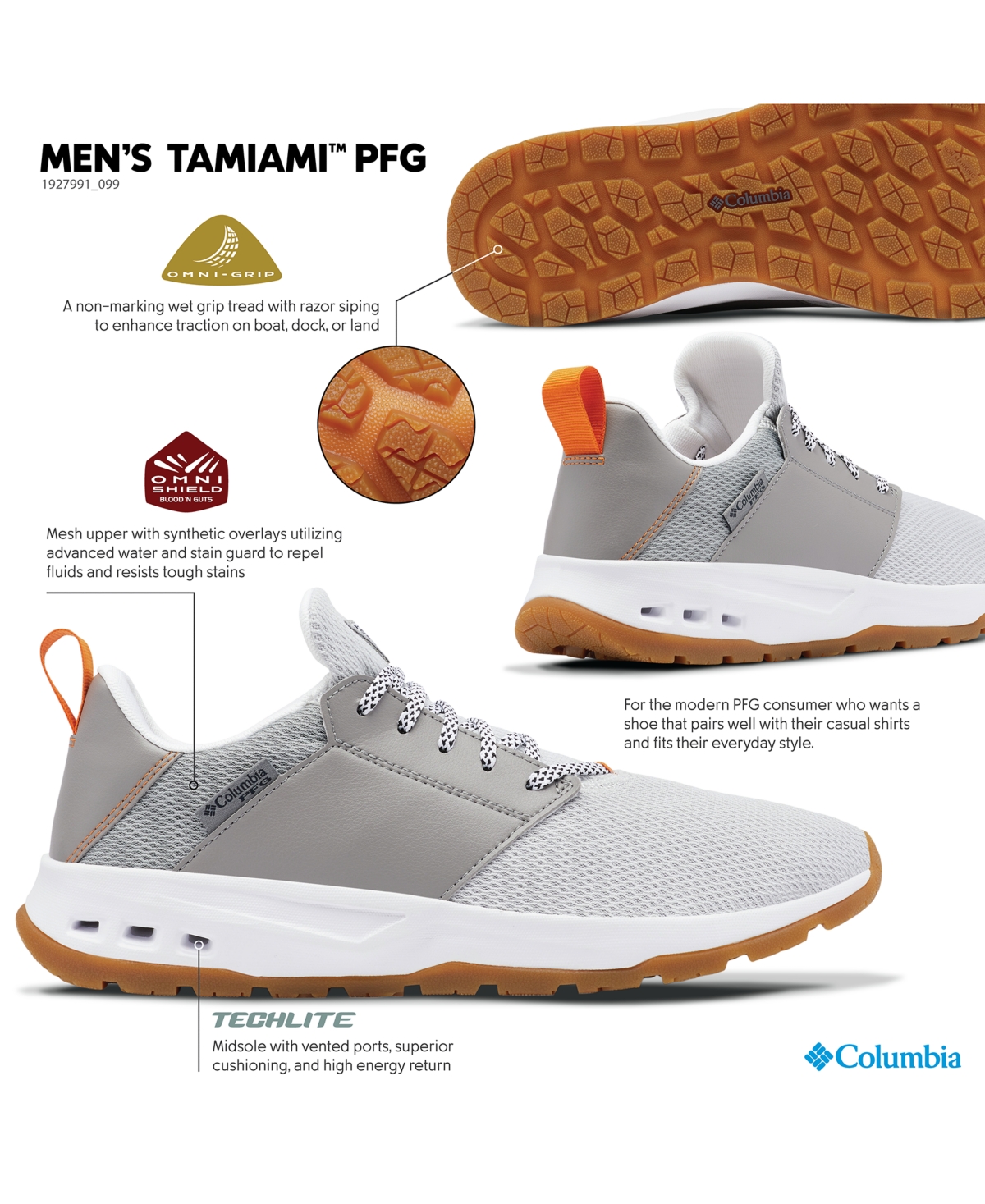 Shop Columbia Men's Tamiami Pfg Active Lace-up Boat Sneakers In Slate Grey,light Orange