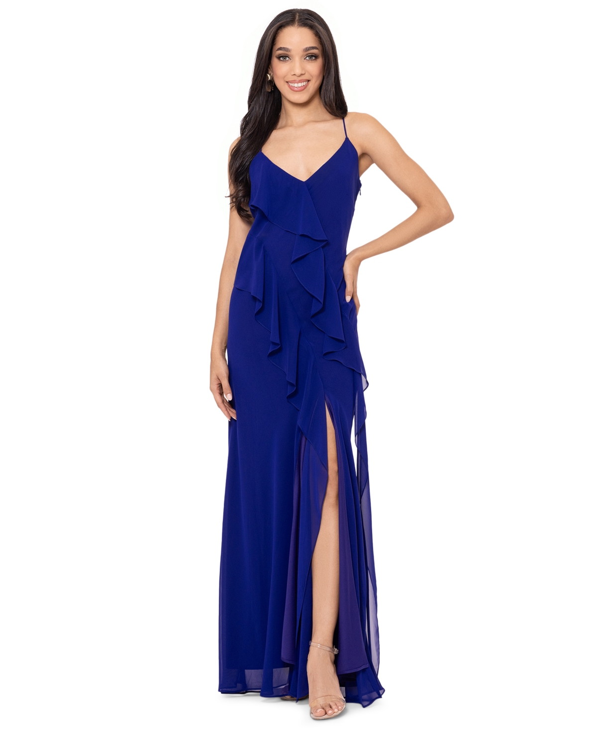 Shop Betsy & Adam Women's Ruffle-trim Spaghetti-strap Gown In Electric Blue