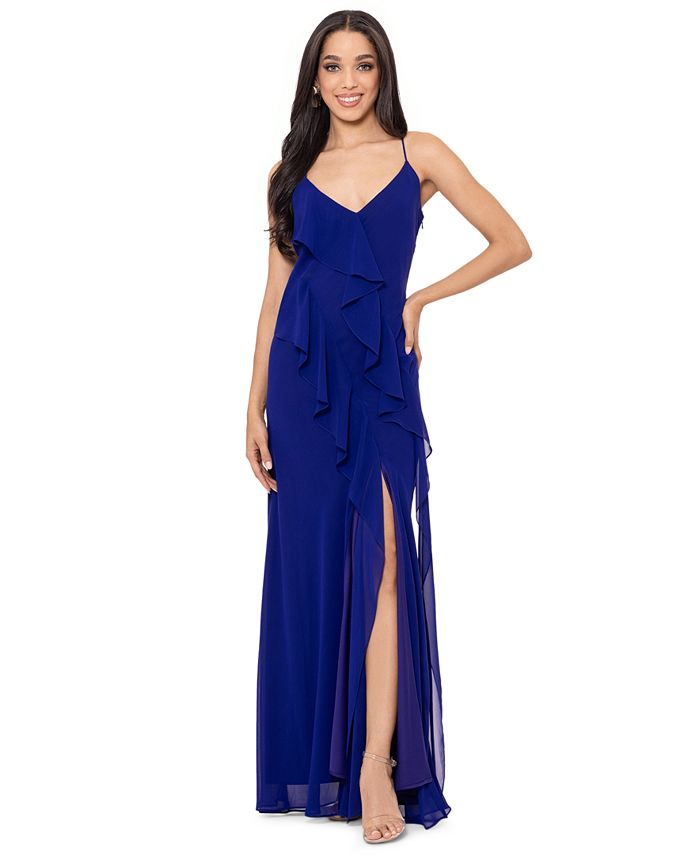 Betsy & Adam Women's Embellished Cascade Ruffle Gown Blue Size 14
