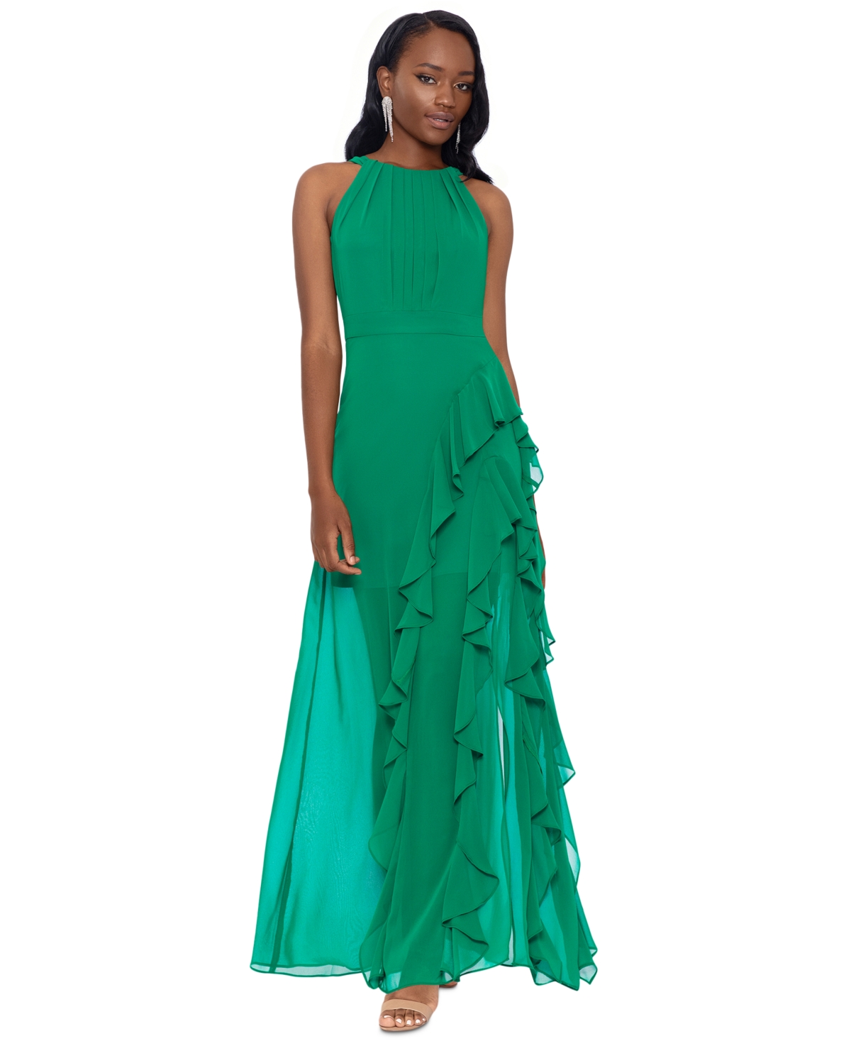 Petite Ruffled Halter Gown - Emerald