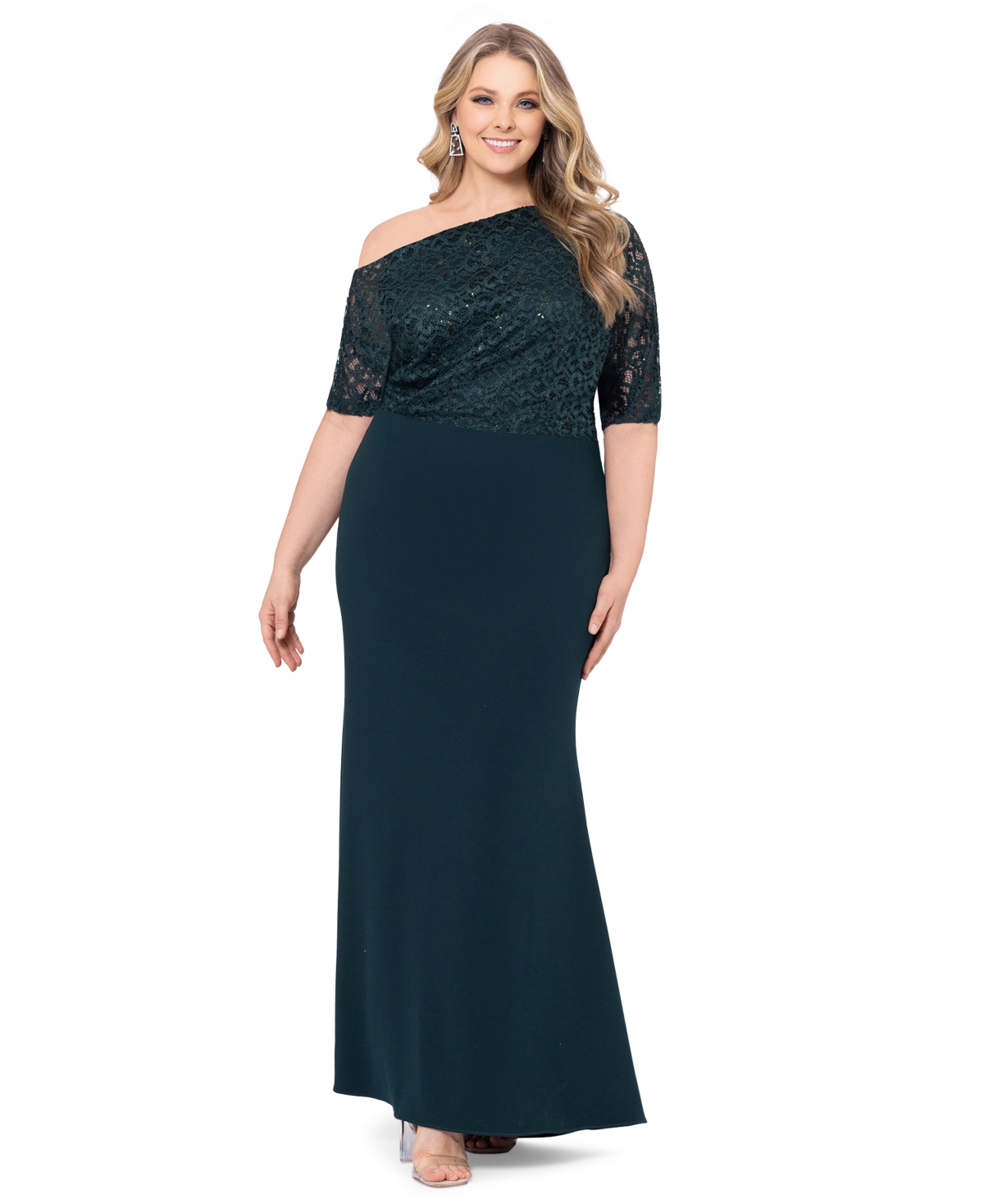Betsy & Adam Plus Size Lace-bodice Gown In Pine