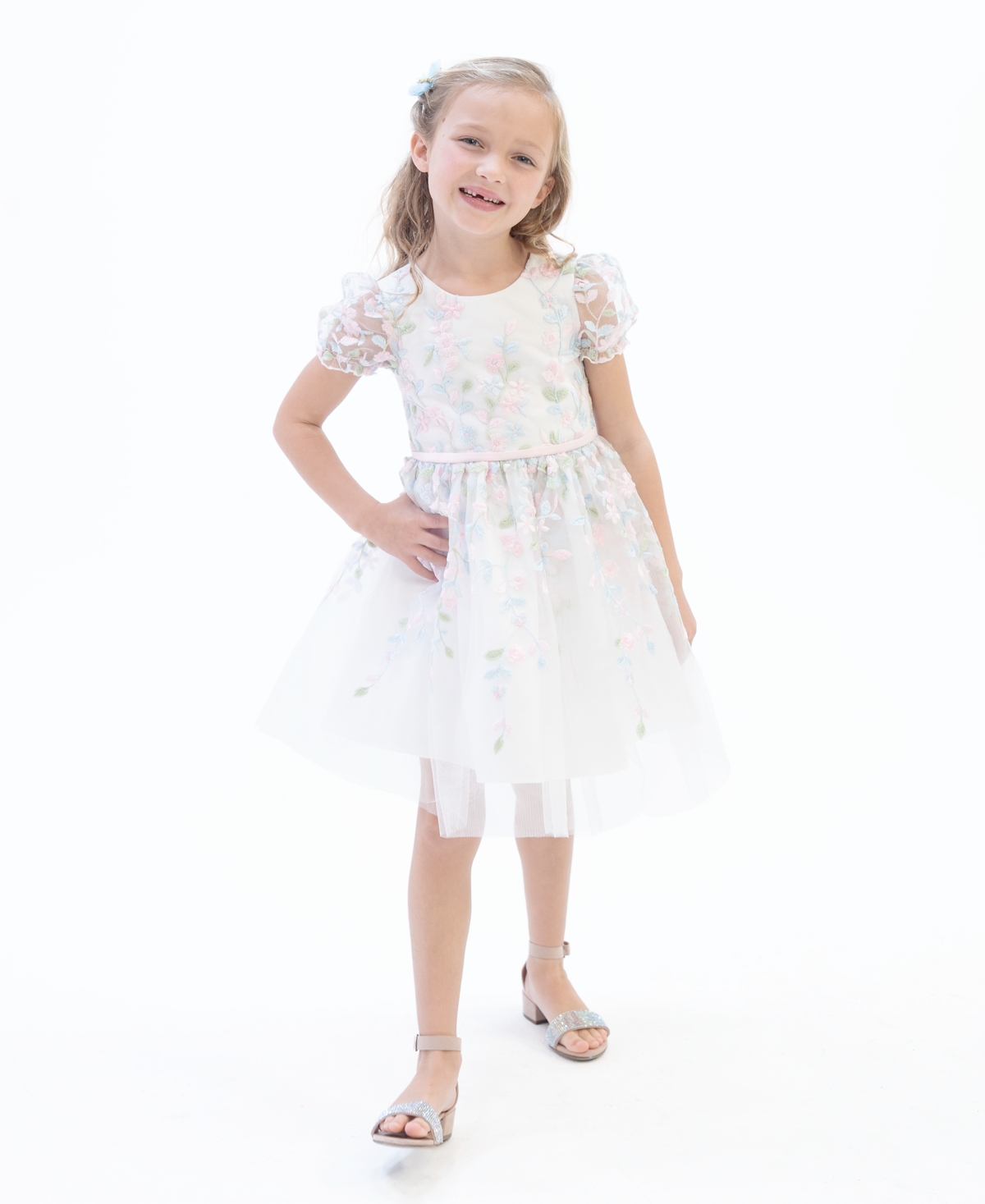 Shop Rare Editions Little Girls Puff Sleeves Floral Embroidered Mesh Social Dress In Blush