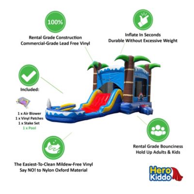 HeroKiddo Ocean Shark Commercial Grade Bounce House Water Slide with Splash Pool for Kids and Adults (with Blower), Basketball Hoop, Outdoor Indoor, Wet Dry Combo, Big Inflatable, Rental Quality