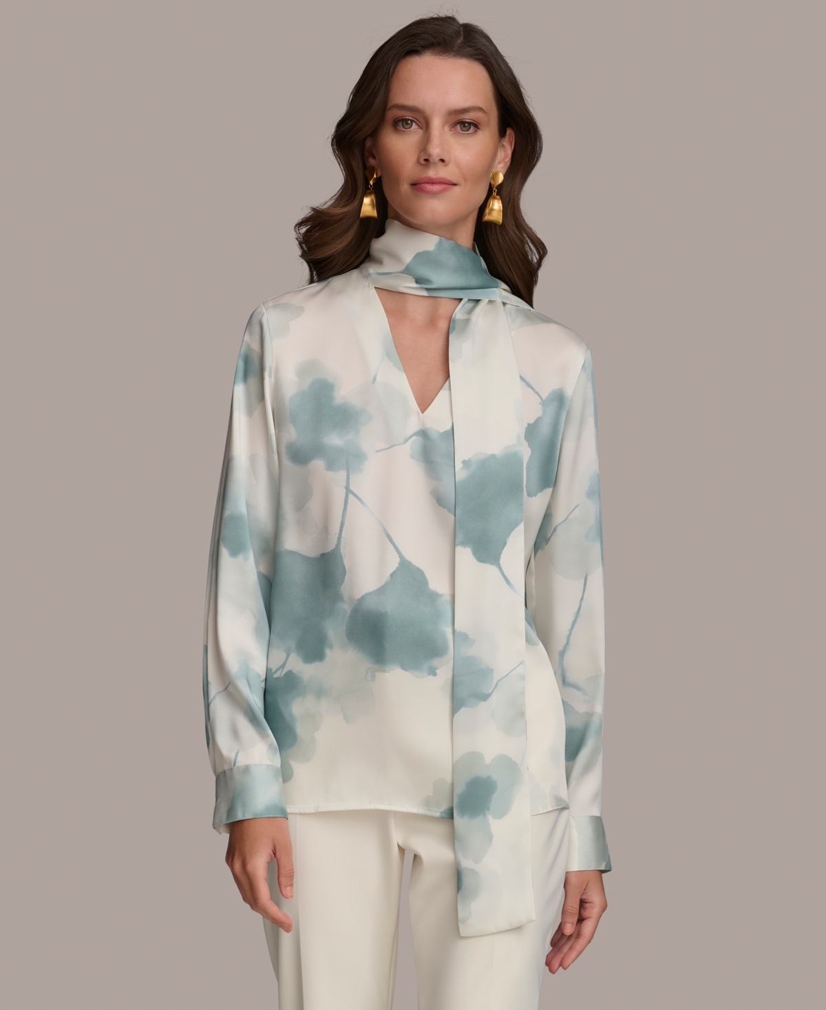 Shop Donna Karan Women's Printed Tie-neck Long-sleeve Blouse In Blue Frost Multi