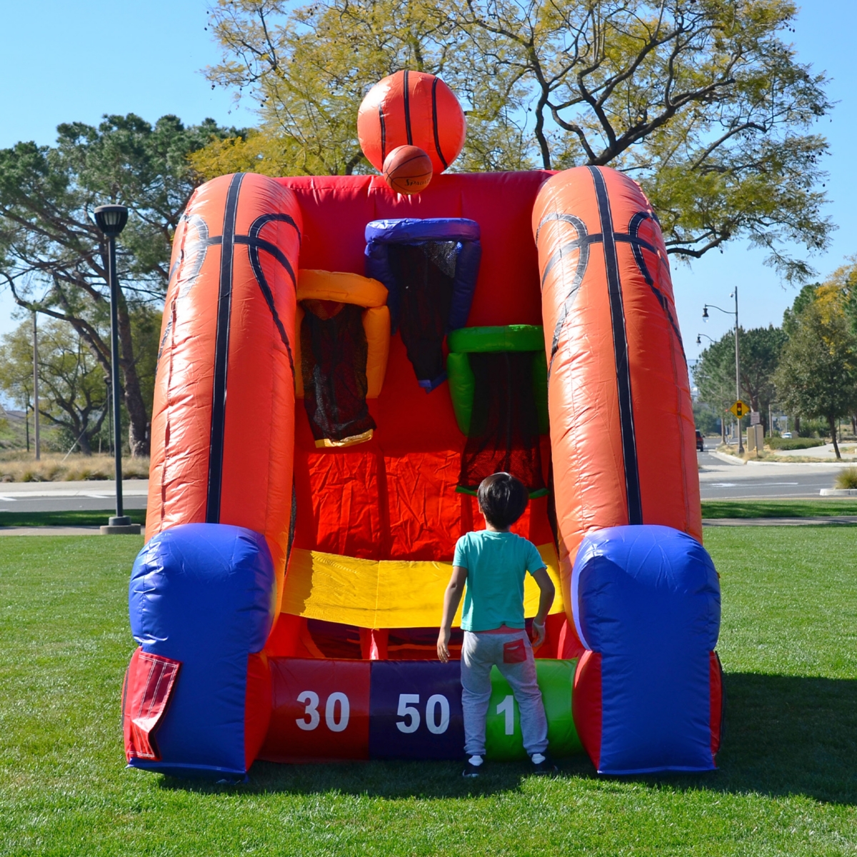 JumpOrange Inflatable Basketball Game (with Blower and Foam Basketballs), Kids and Adults, Commercial Grade, Rental Game, Hoop Shot Target, Toss Game