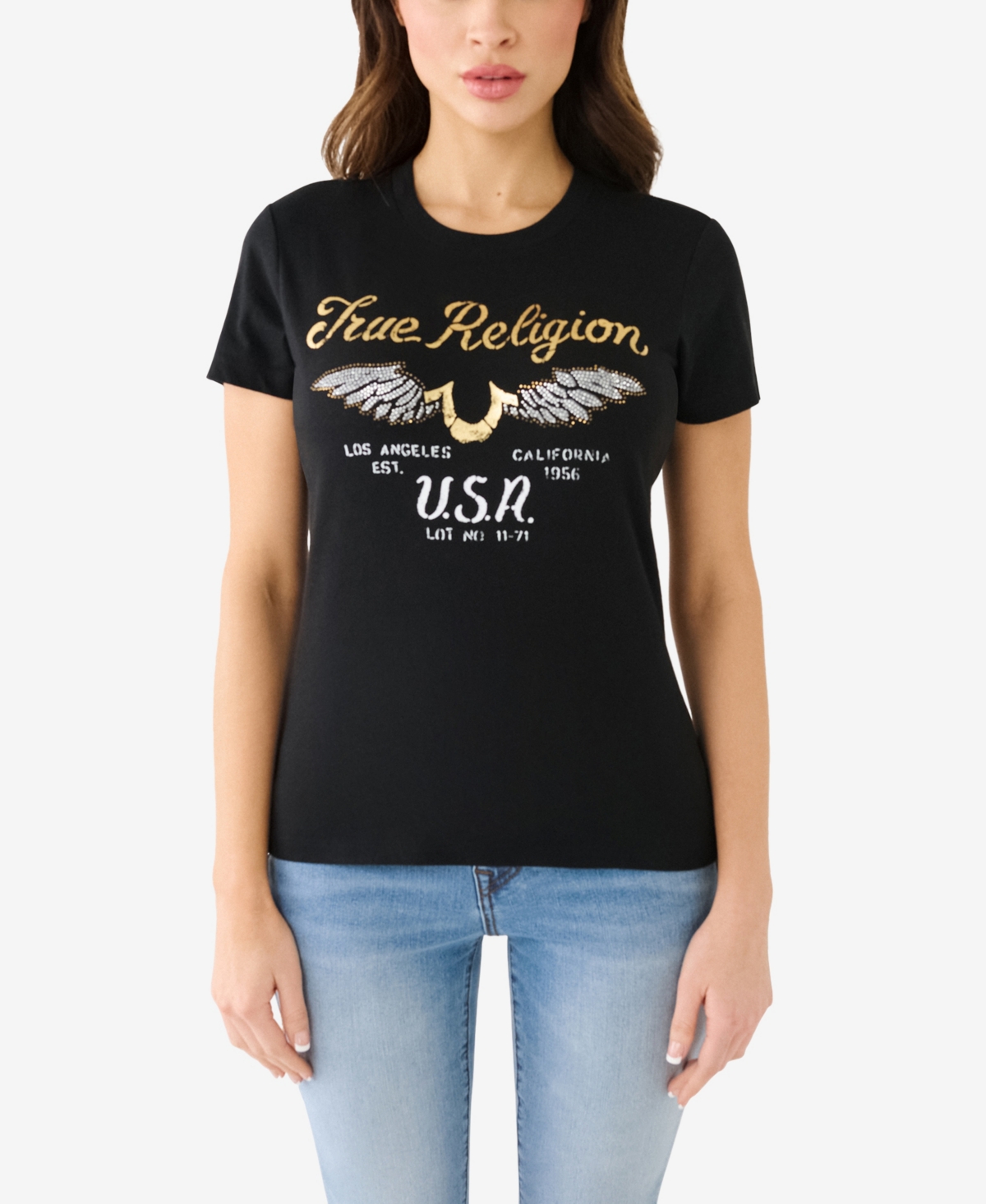 Shop True Religion Women's Short Sleeve Crystal Wing Horseshoe T-shirt In Jet Black