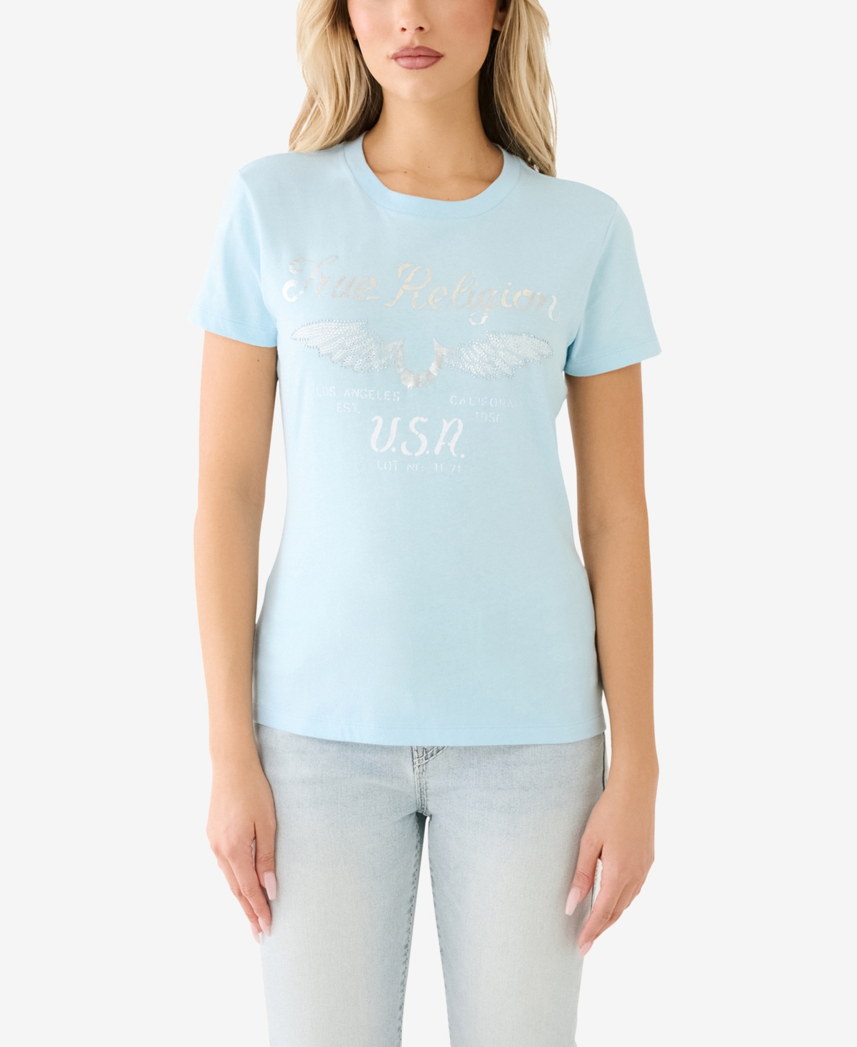 Shop True Religion Women's Short Sleeve Crystal Wing Horseshoe T-shirt In Cool Blue
