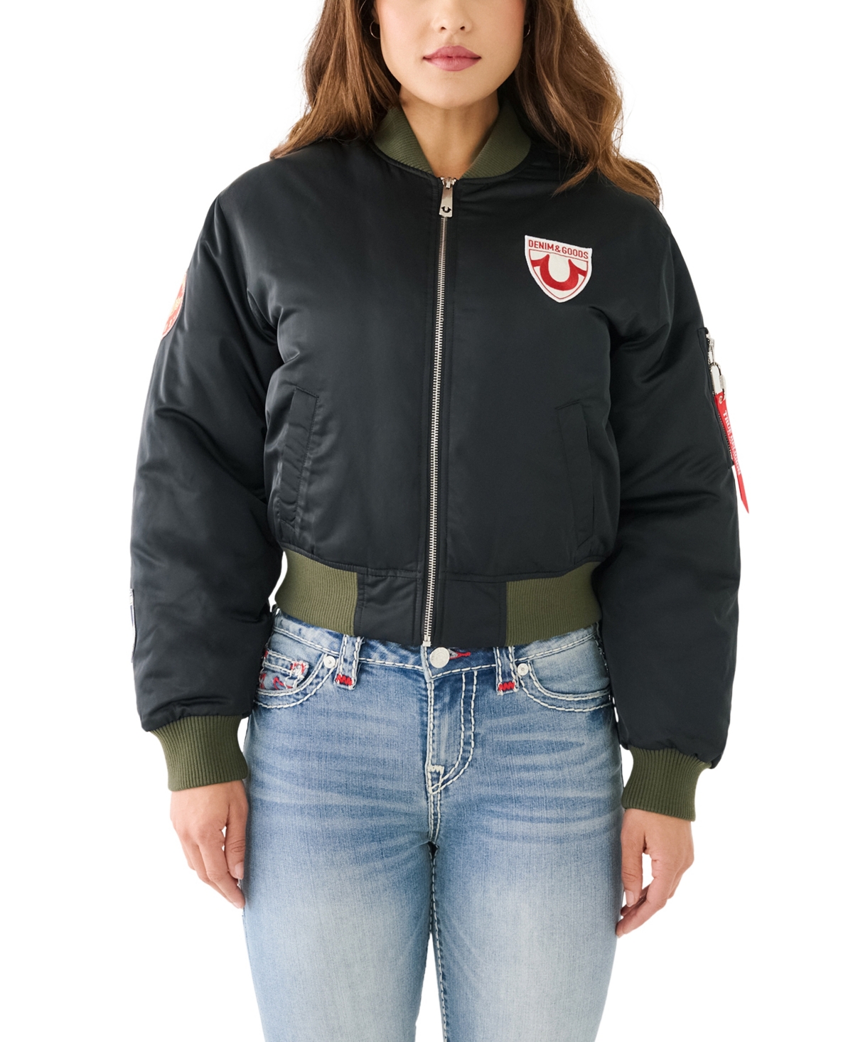 Shop True Religion Women's Patched Bomber Jacket In Jet Black
