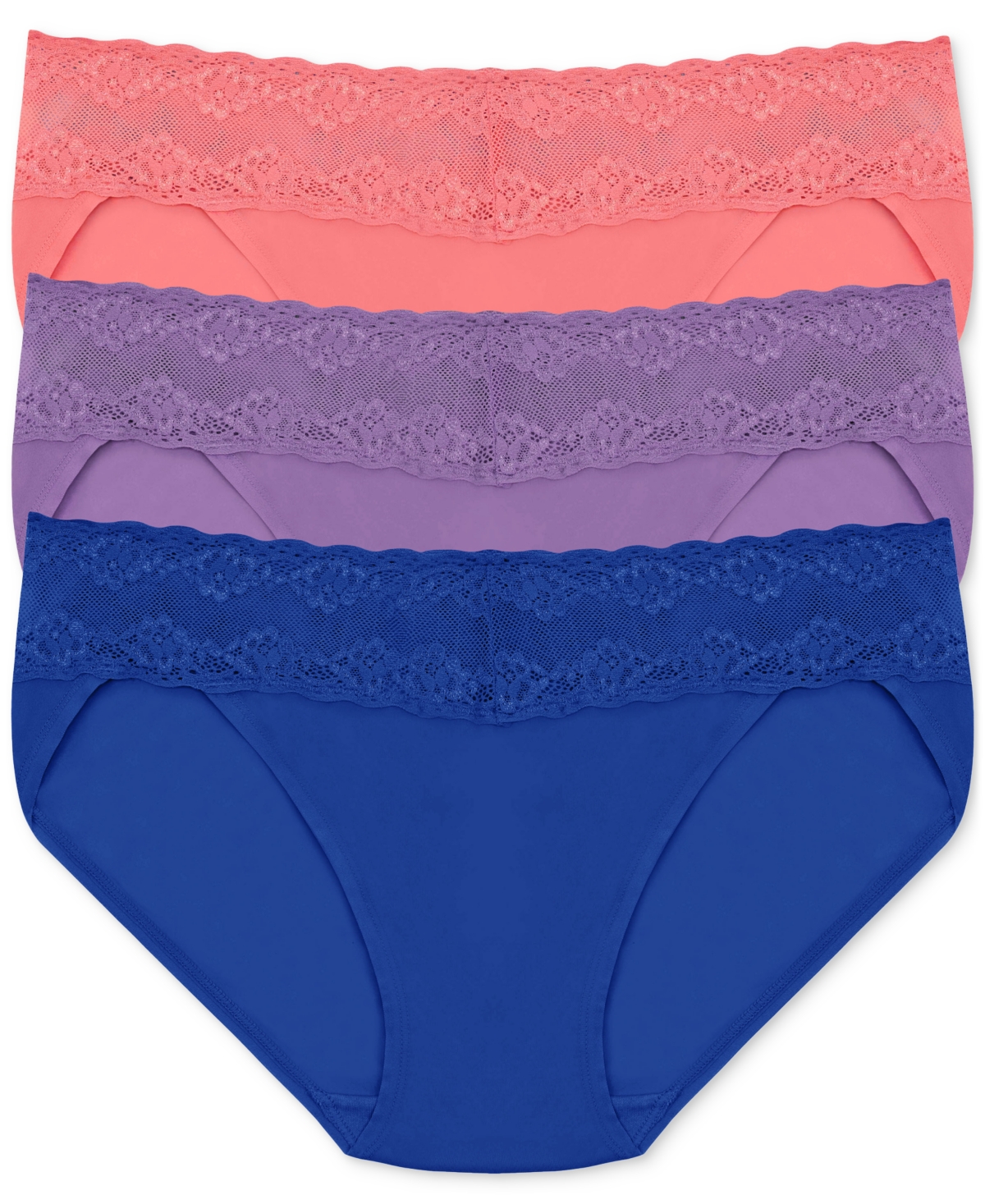 Shop Natori Bliss Perfection Lace Waist Bikini Underwear 3-pack 756092mp In Pap,pur,co