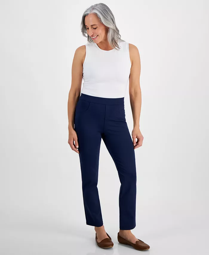 Petite Mid Rise Pull On Straight Leg Ponte Pants