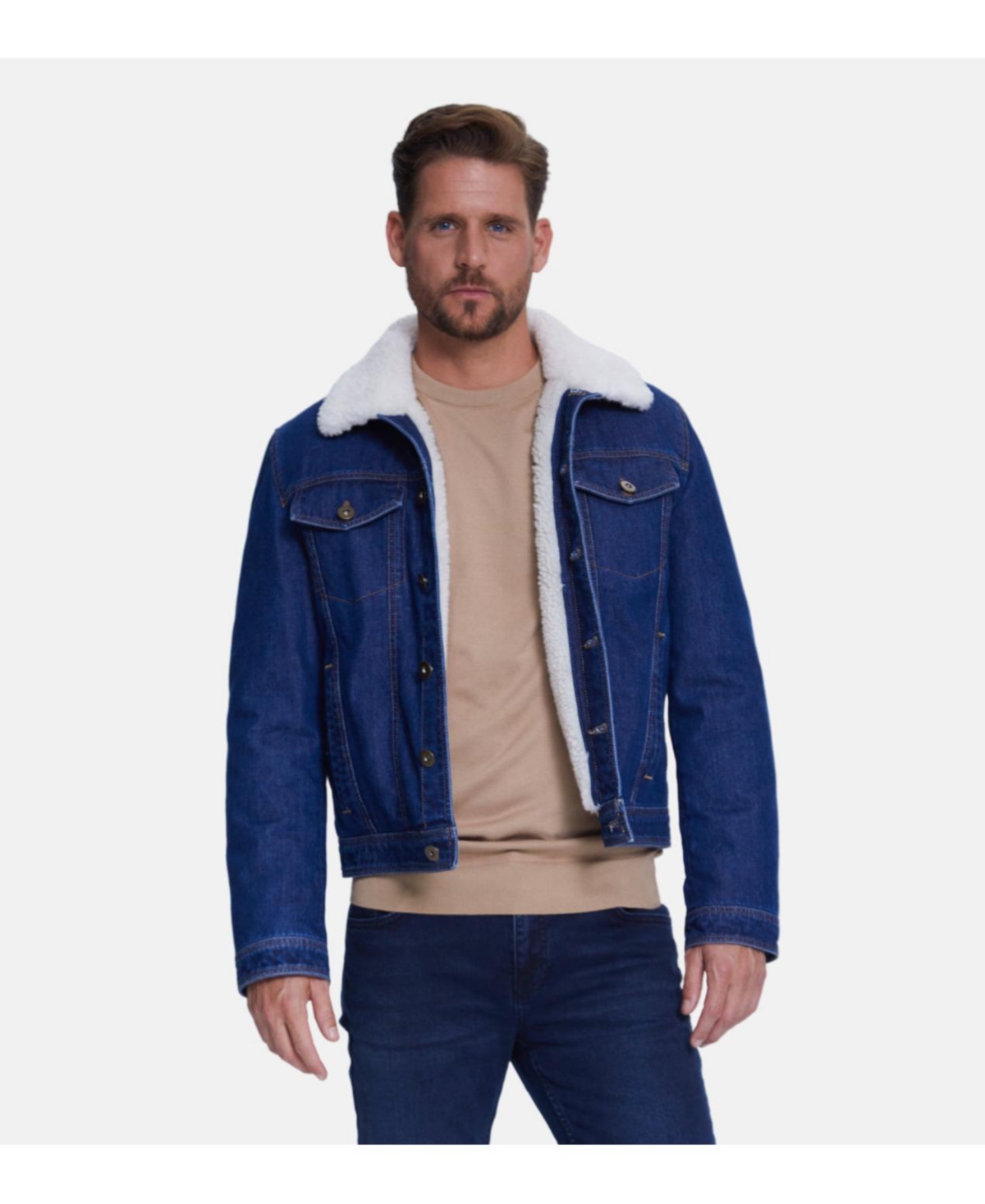 Men's Denim Shearling Jacket - Dark blue