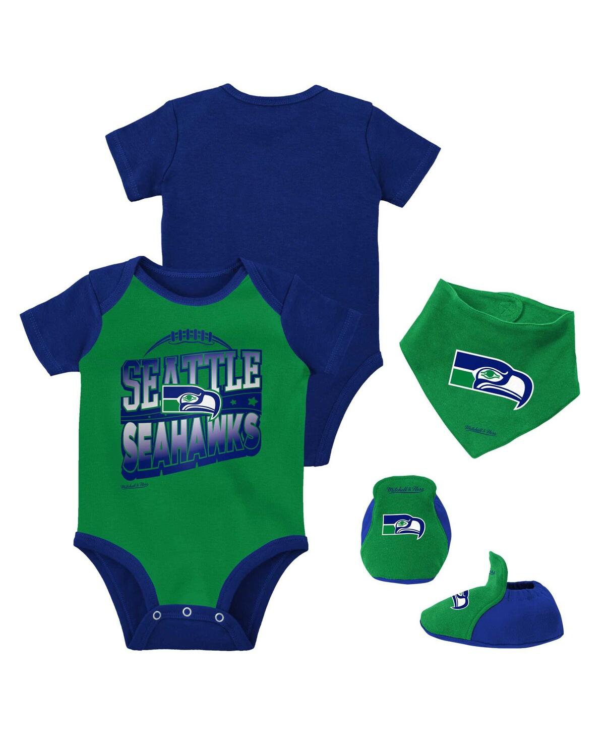Shop Mitchell & Ness Baby Boys And Girls  Green, Royal Seattle Seahawks Throwback Big Score Bodysuit, Bib  In Green,royal