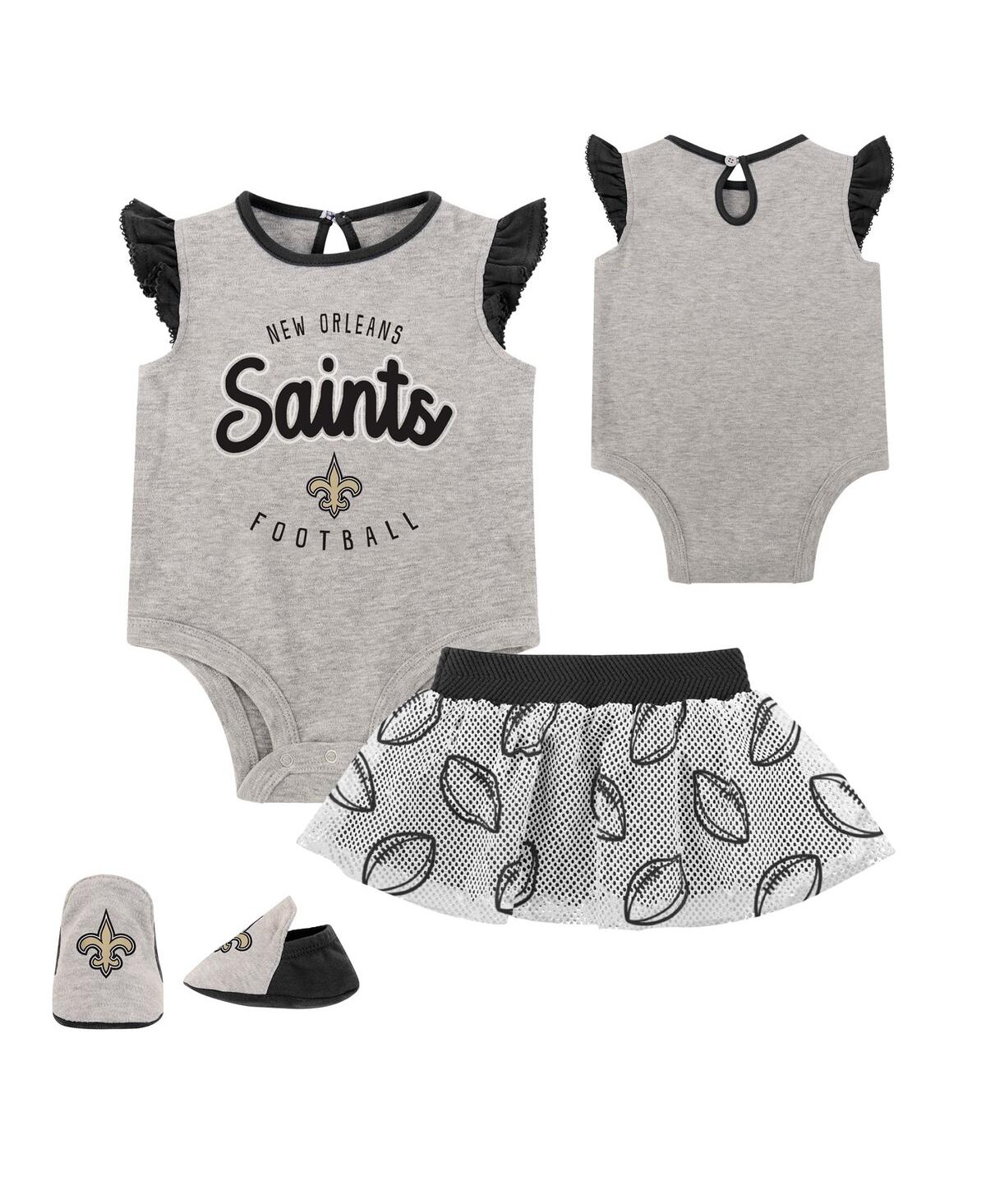 Outerstuff Baby Boys And Girls Heather Gray, Black New Orleans Saints All Dolled Up Three-piece Bodysuit, Skirt In Heather Gray,black