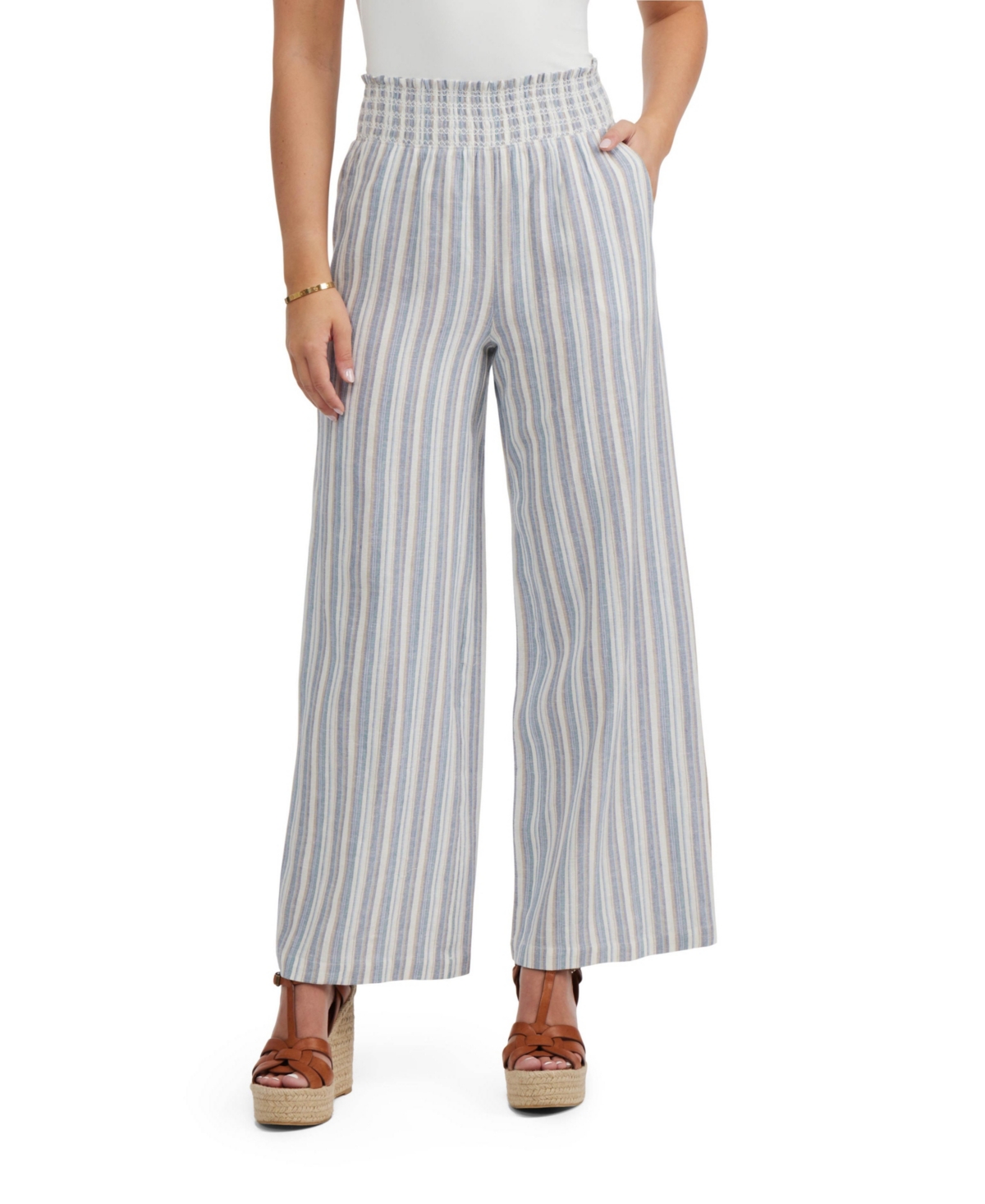 Women's Linen Smocked Wide Leg Pant - Blue/tan stripe