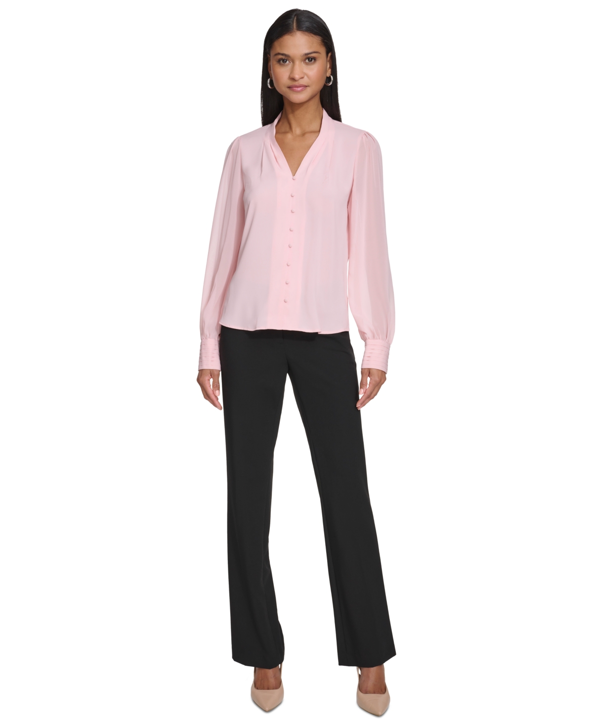 Calvin Klein Women's Pleated-Cuff V-Neck Blouse