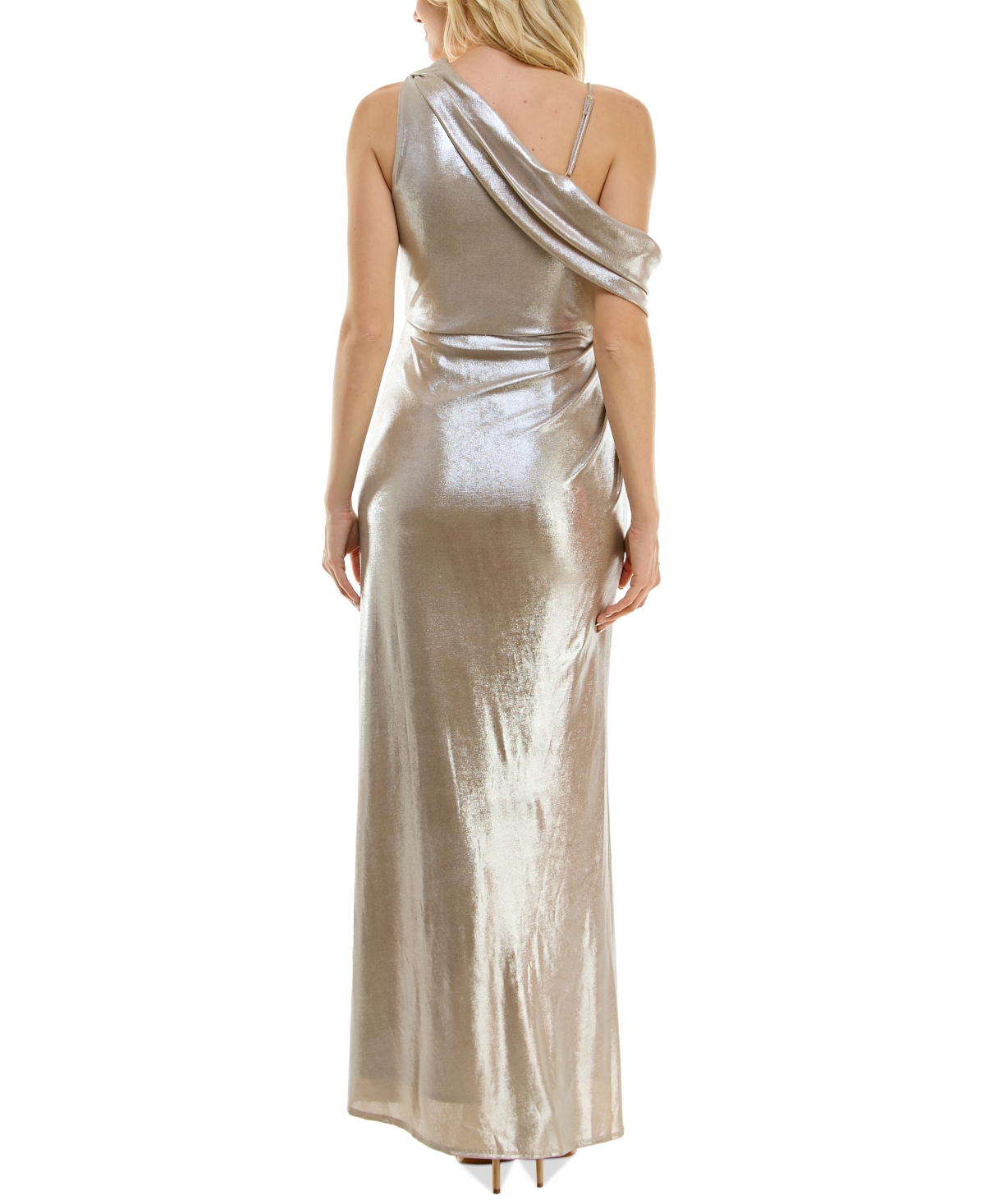 Shop Taylor Women's Silky-knit Foil Slit-front One-shoulder Gown In Latte,silver