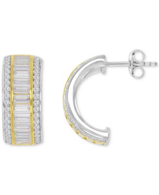 Macy's - Cubic Zirconia Baguette & Round Small Half Hoop Earrings in Sterling Silver & 14k Gold-Plate