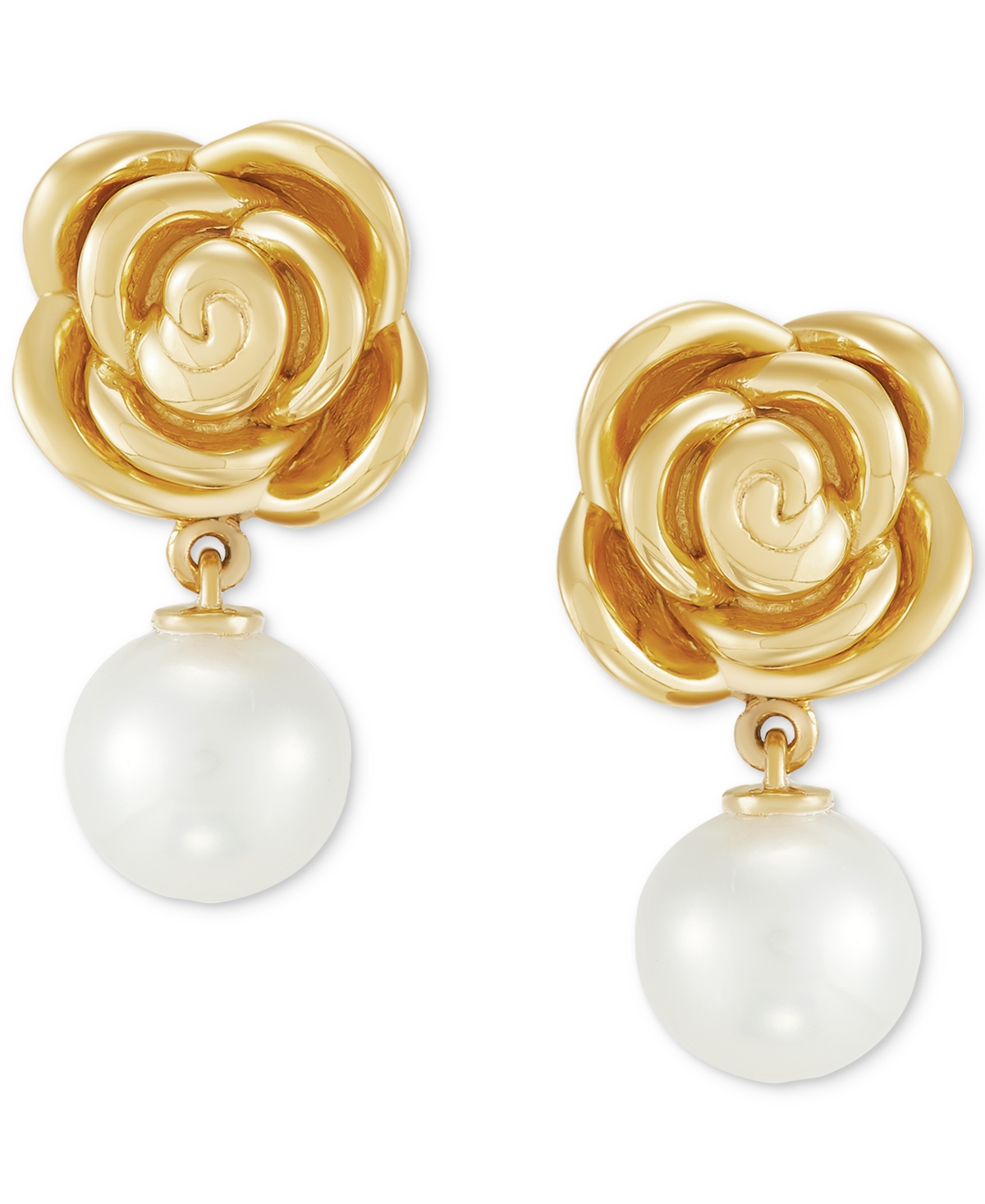 Cultured Freshwater Pearl (7-1/2mm) Rose Drop Earrings in 14k Gold - Yellow Gold