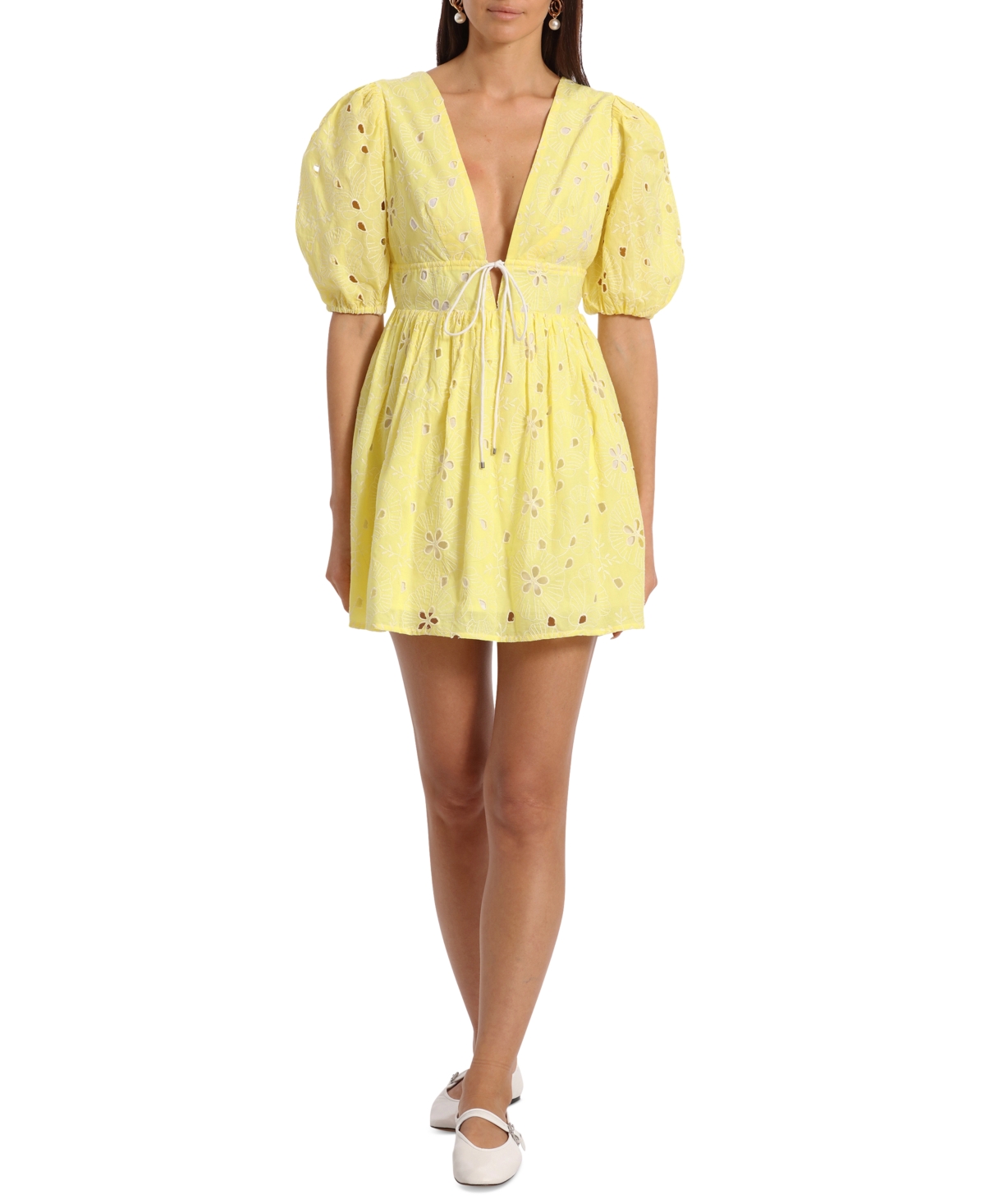 Shop Avec Les Filles Women's Eyelet Puff-sleeve Mini Dress In Yellow