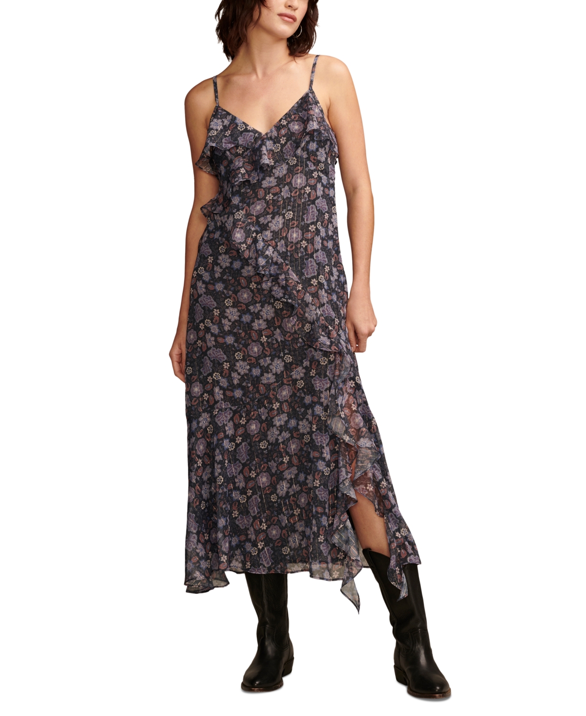Lucky Brand Floral Metallic Stripe Ruffle Midi Dress In Raven Mult