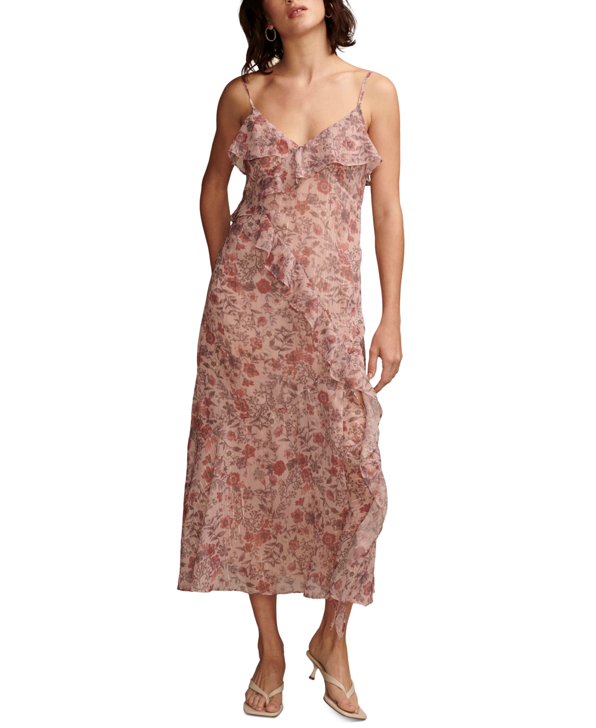 Shop Lucky Brand Women's Ruffle V-neck Sleeveless Midi Dress In Rose Multi