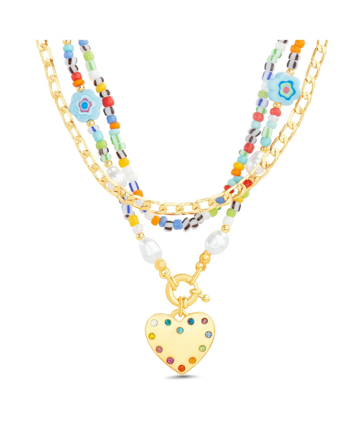 Multi 3 Piece Mixed Beaded and Chain Necklace Set with Heart Charm Pendant - Multi