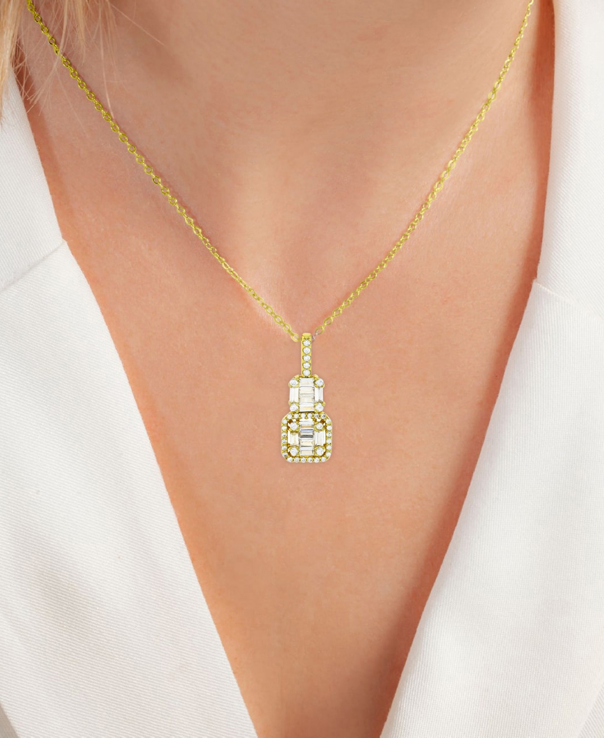 Macy's Cubic Zirconia Round & Baguette Double Cluster Pendant Necklace In 14k Gold-plated Sterling Silver, In Gold
