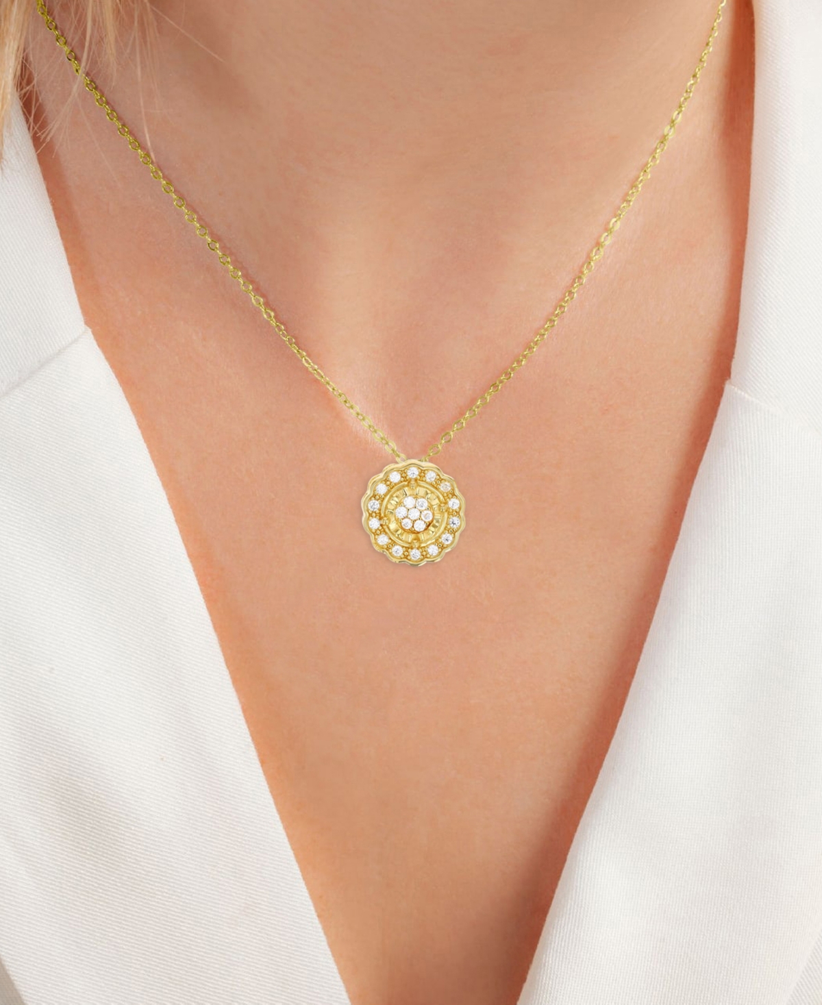 MACY'S CUBIC ZIRCONIA CIRCLE HALO CLUSTER 18" PENDANT NECKLACE IN 14K GOLD-PLATED STERLING SILVER 