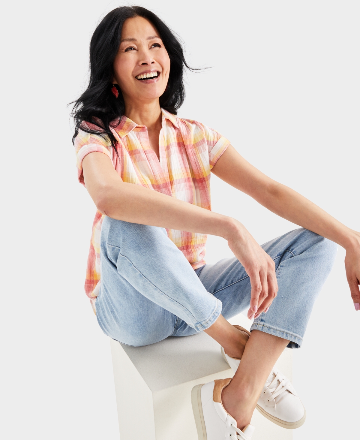 Style & Co Women's Printed Gauze Short-Sleeve Popover Top, Created for Macy's