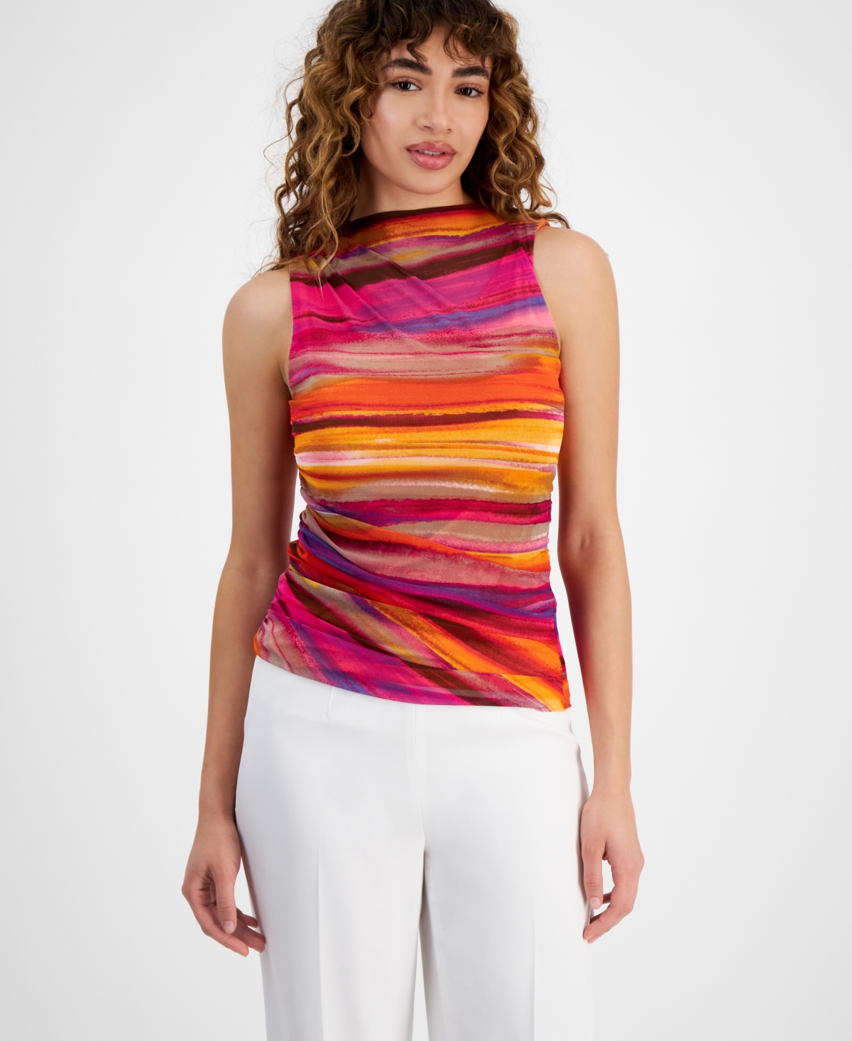 Shop Bar Iii Women's Sunset-striped Sleeveless High-neck Top, Created For Macy's In Tangerine