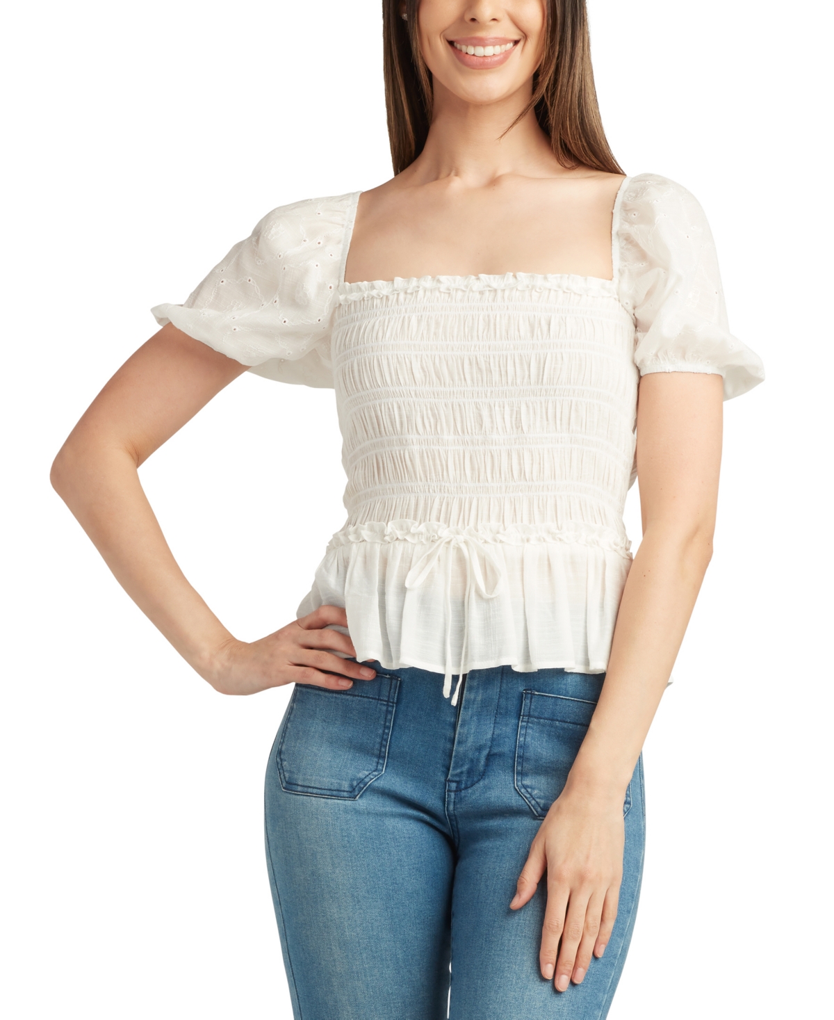 Shop Bcx Juniors' Smocked Puff-sleeve Square-neck Top In Off White