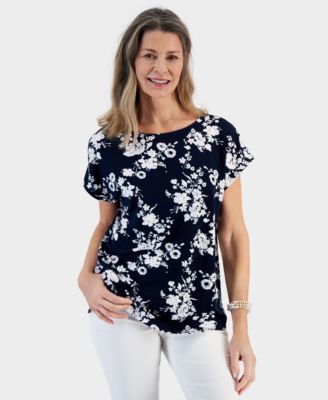 Style & Co - Women's Printed Relaxed Drop-Hem Boat-Neck Top