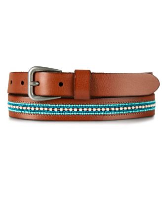 Turquoise Beaded Stripe Leather Belt