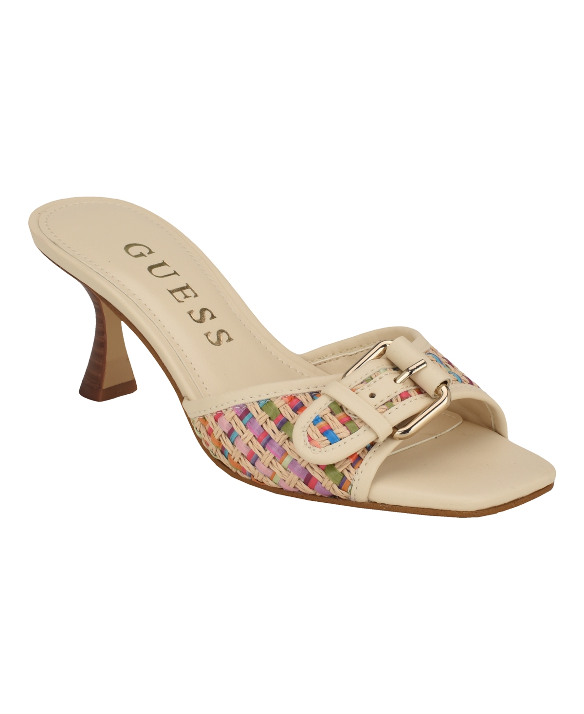 Shop Guess Women's Dista Mid Heel Open Toe Buckle Sandals In Rainbow Multi- Textile And Manmade
