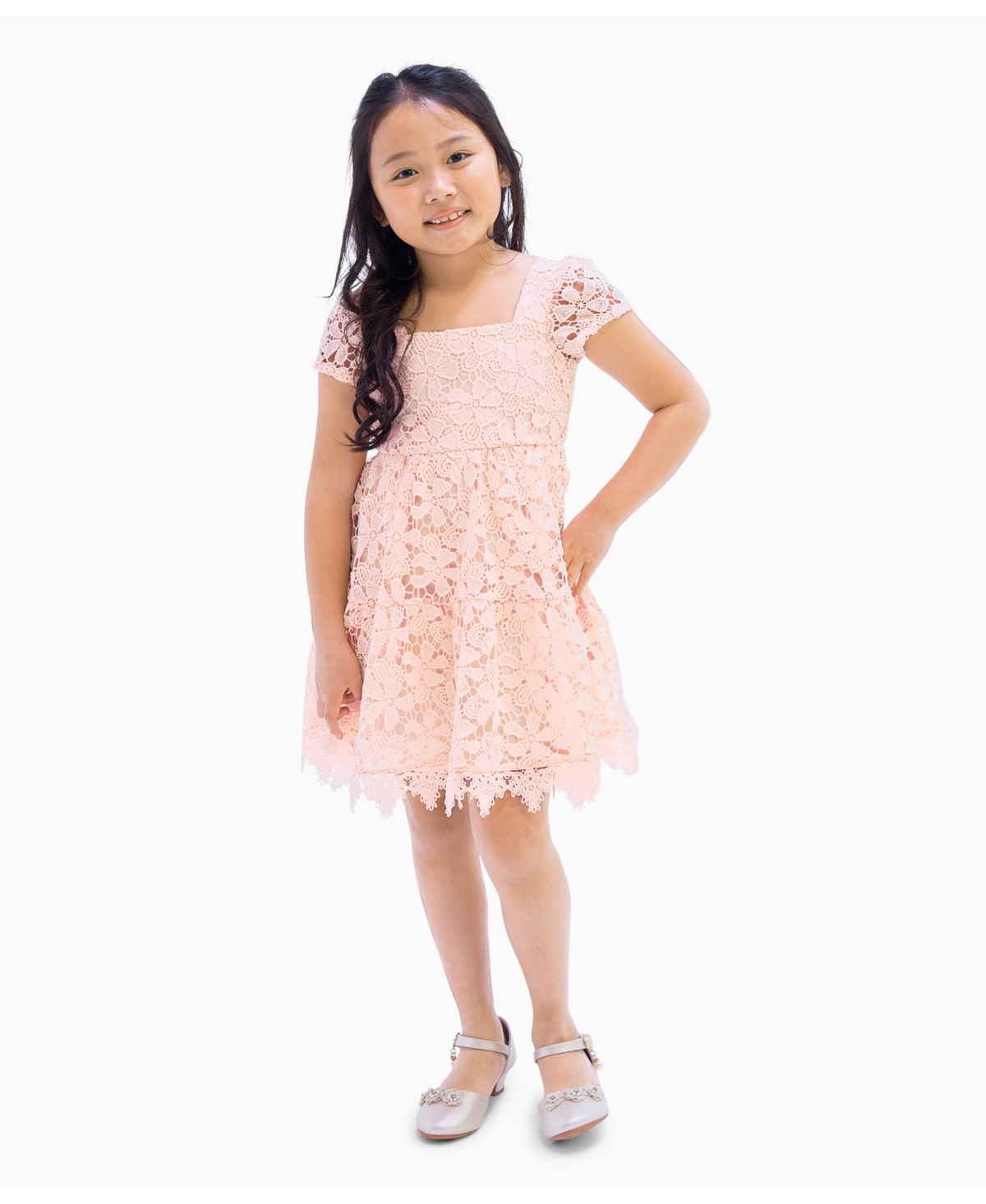 Shop Rare Editions Little Girls Lace Cap Sleeves Dress In Peach